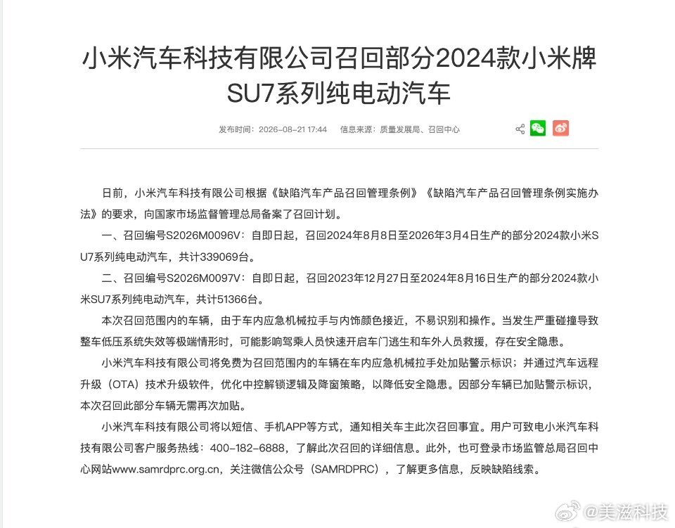 小米又召回汽车，说明小米是负责，敢担当，为用户负责，始终把用户安全放第一位，为这样的公司点赞，这样的公司出的产品放心购买！

#上汽大众拒绝速成车##华为[超话]##55元捡漏1.41万项链女子获5元补偿# ​