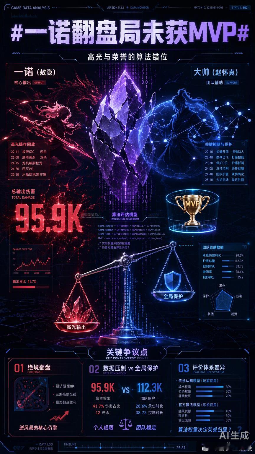 一诺这波翻盘局没拿到MVP，看着确实有点憋屈。在KPL的这套“算法系统”里，辅助大帅拿奖或许是因为他在全局的控场和保护上，被判定为维持团队“服务器”不崩溃的底层代码。但在观众眼里，绝境下的一诺就像是那个在最后一刻敲出关键补丁、硬生生把水晶血线锁住的核心输出。这种争议其实反映了大家对电竞评价体系的不同理解。有人看重数据面板上的绝对压制，有人则更在意那些看不见的全局博弈。当高光回放全是一诺的操作时，MVP却给了别人，这种错位感就像是你打出了一套完美连招，系统提示却是队友的平A拿了头。一诺翻盘局未获MVP日常