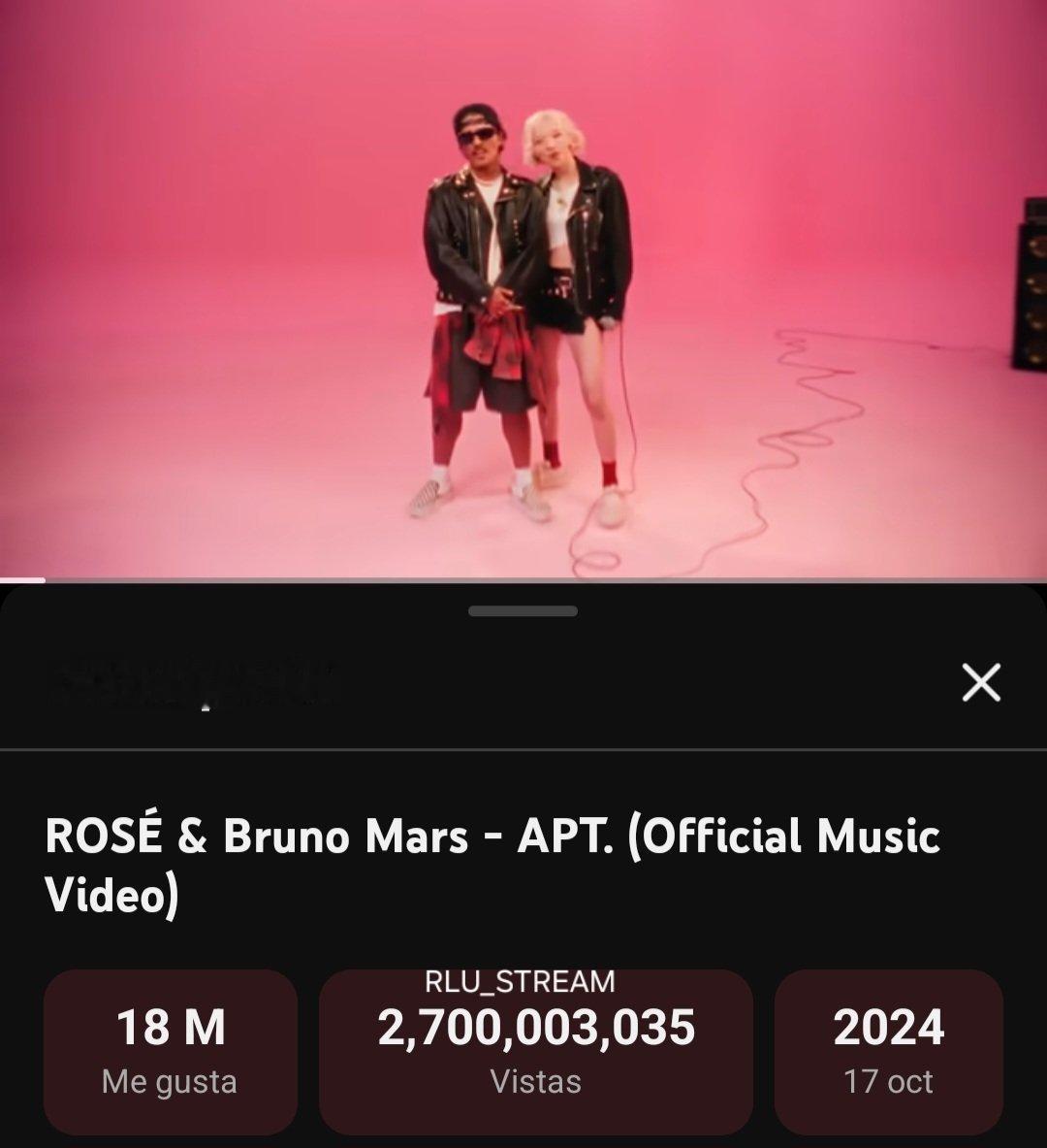 #ROSÉ[超话]#✨️#朴彩英亚女一# 
【朴彩英消息】
261004 与Bruno Mars合作曲APT.官方MV播放量破2️⃣7️⃣亿🔥🔥🔥
亚洲歌手/K-POP歌手历史最快记录✅️
历史最快记录第4️⃣位✅️
第1️⃣支YouTube播放量破27亿的2024年MV✅️
2020s播放量最高的MV✅️  
YouTube历史第四首 ​