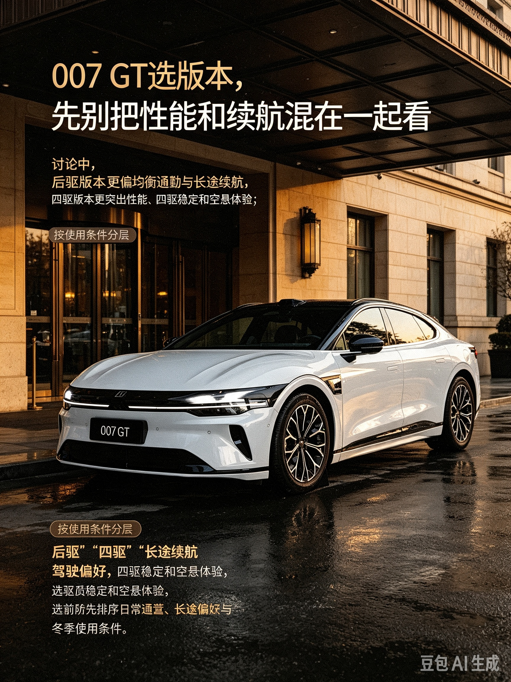 极氪007GT是中型纯电猎装轿跑，5座布局，有后驱、四驱可选。提供多种续航版本，兼顾长距离出行与强劲性能，快充速度亮眼。猎装造型动感独特，兼顾颜值、操控和装载实用性，适合喜欢旅行轿跑风格的纯电爱好者。【来自懂车帝车友圈】