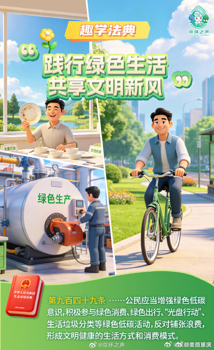 【#趣学法典#生态环境法典每日一学📚】
📖 今日条文：第九百四十九条 
📝 环环帮你划重点：......公民应当增强绿色低碳意识，积极参与绿色消费、绿色出行、“光盘行动"、生活垃圾分类等绿色低碳活动，反对铺张浪费，形成文明健康的生活方式和消费模式。#秒懂环保# ​​​