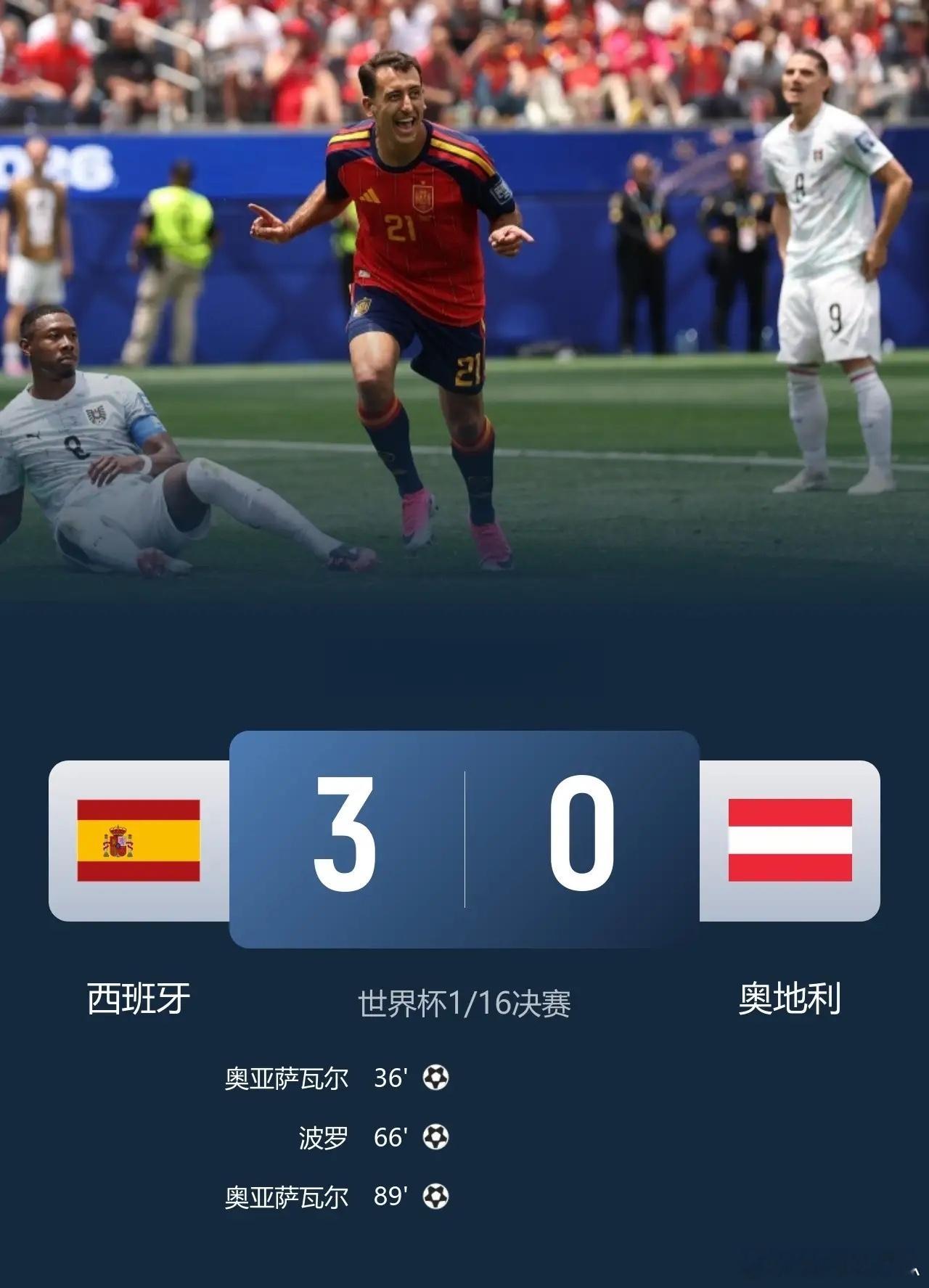 西班牙3-0大胜奥地利，顺利挺进16强！  此役，奥亚萨瓦尔双响，库库...