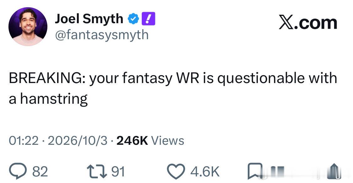 BREAKING: your fantasy WR is questionable with a hamstring

想起来过去几年，每年季后赛被吊打出局后，灯蜜就开始怪篮网拉伤了 James Harden 的腿筋到现在还没让鸽鸽恢复。

要不是我看 NFL 这么多年的伤病报告，我就真信他这根 “智能腿筋” 了。 ​