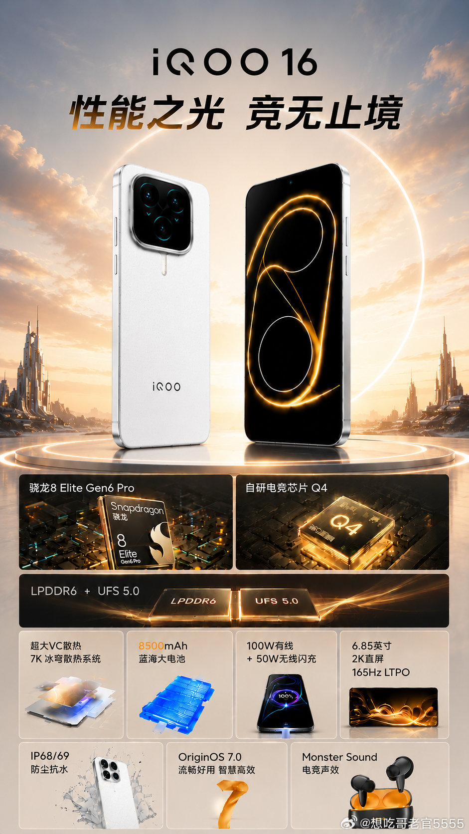 #iqoo[超话]##iQOO16 #性能旗舰 年度电竞旗舰来了！骁龙8 Elite Gen6 Pro搭配自研电竞芯片，2nm工艺功耗控制拉满，2K三星定制直屏，高刷丝滑通透，硬件级光追直接拉满手游画质。8500mAh大电池+120W闪充，打游戏一整天也不用频繁找充电器，游戏党直接狂喜，这才是性能机该有的样子✨ ​