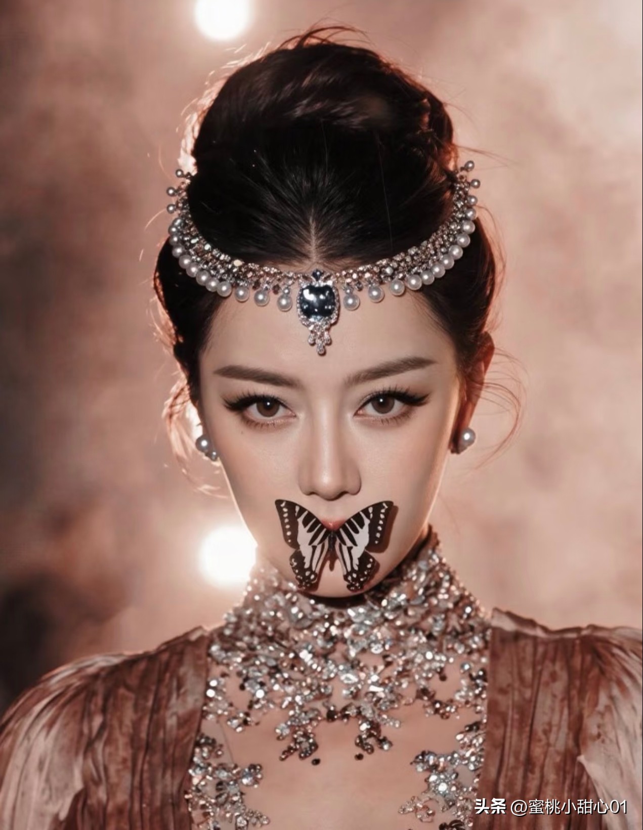 迪丽热巴穿满钻高定，我不嫉妒，
迪丽热巴戴重珠宝，我也不嫉妒，
但是看到她冒着雨、用嘴唇衔着一只蝴蝶我真的控制不住嫉妒心了。
 
10月23日VOGUE盛会，
她是开场嘉宾，
满钻香槟色鱼尾高定礼服，
全程没撑伞，走进雨幕。
 
走到定点时蝴蝶振翅飞走，
被封为神级六秒，
雨水落在碎钻上，
形成流动