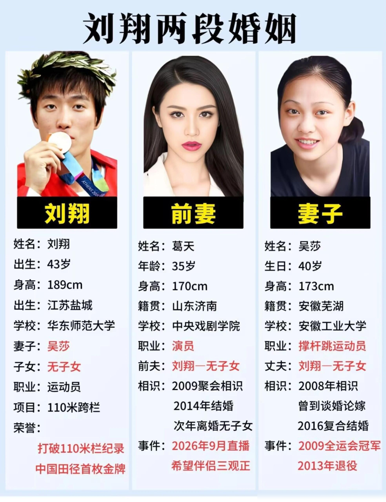 刘翔在徐汇滨江排队买煎饼，素颜，低头跟吴莎说笑。没人围观，没人拍照。
雅典金牌、洛桑12秒88，那是镜头里的刘翔。镜头外，他只想当个普通人。吴莎懂他，因为她也练过撑杆跳，拿过两届亚锦赛金牌。俩人都被伤病和舆论按在地上摩擦过，知道那种疼。
跟腱旧疾犯了，吴莎递热敷袋。吴莎腰劳损，刘翔上手按。结婚十