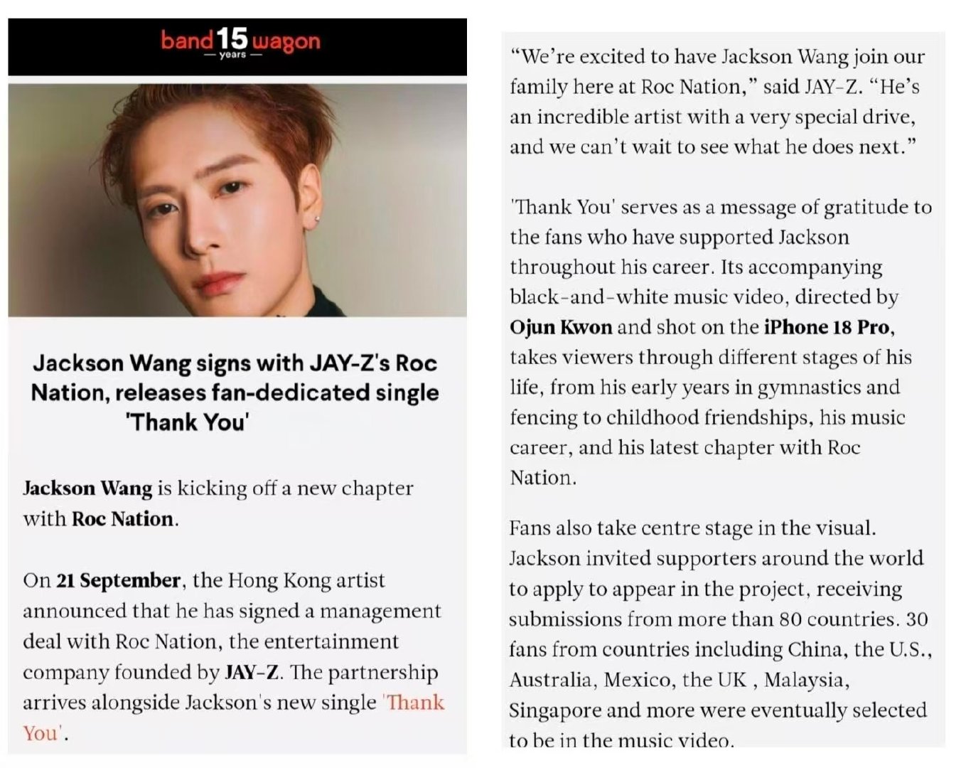 “我们非常高兴王嘉尔加入Roc Nation大家庭，”创办人Jay‑Z说。“他是一位才华横溢、充满干劲的艺术家，我们迫不及待地想看看他接下来的表现。”#王嘉尔和蕾哈娜成同事了# ​
