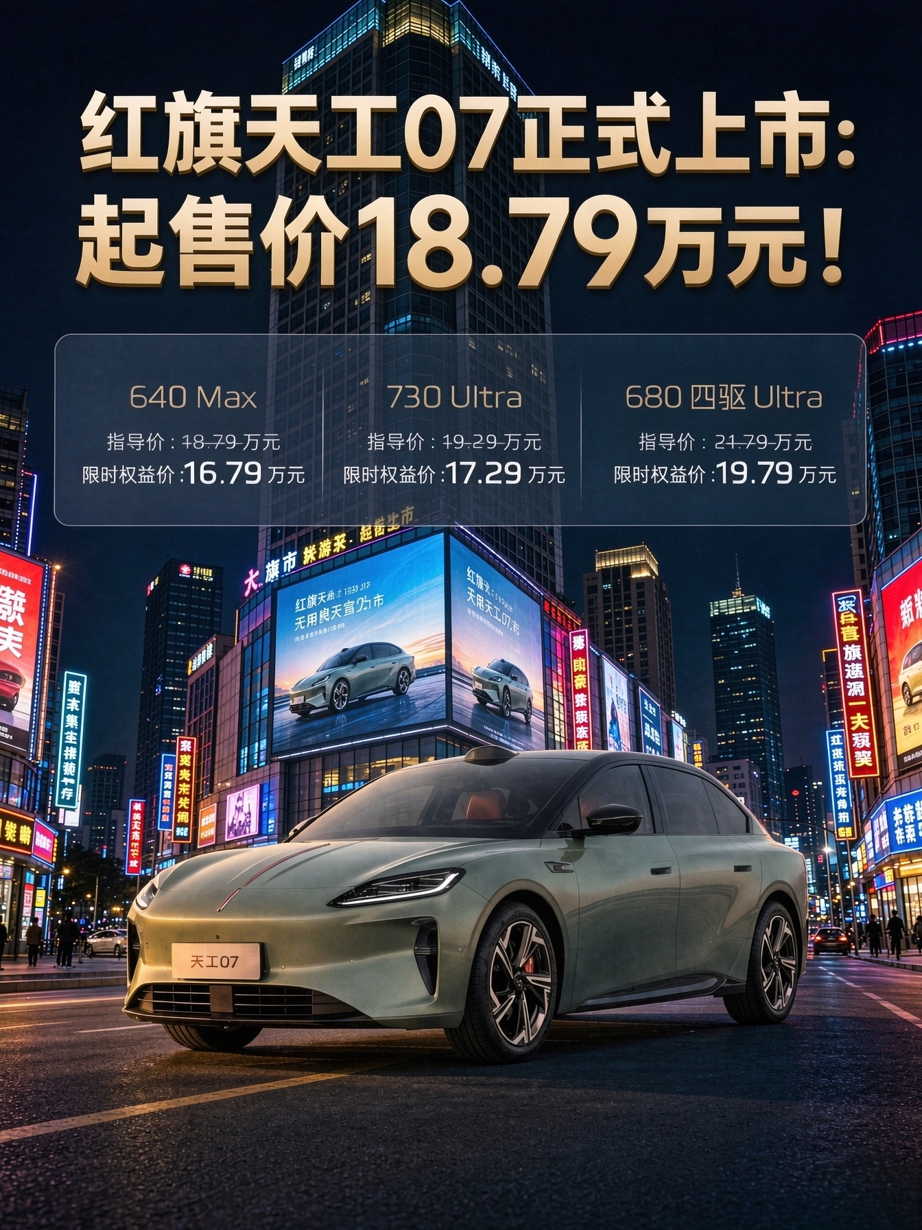 红旗汽车的天工07正式上市，此前已经公布预售价为18.99~21.99万，今天公布最终售价：
640 Max版，18.79万元，限时权益价16.79万元
730 Ultra版，19.29万元，限时权益价17.29万元
680 四驱 Ultra版，21.79万元，限时权益价19.79万元。
价格不低，