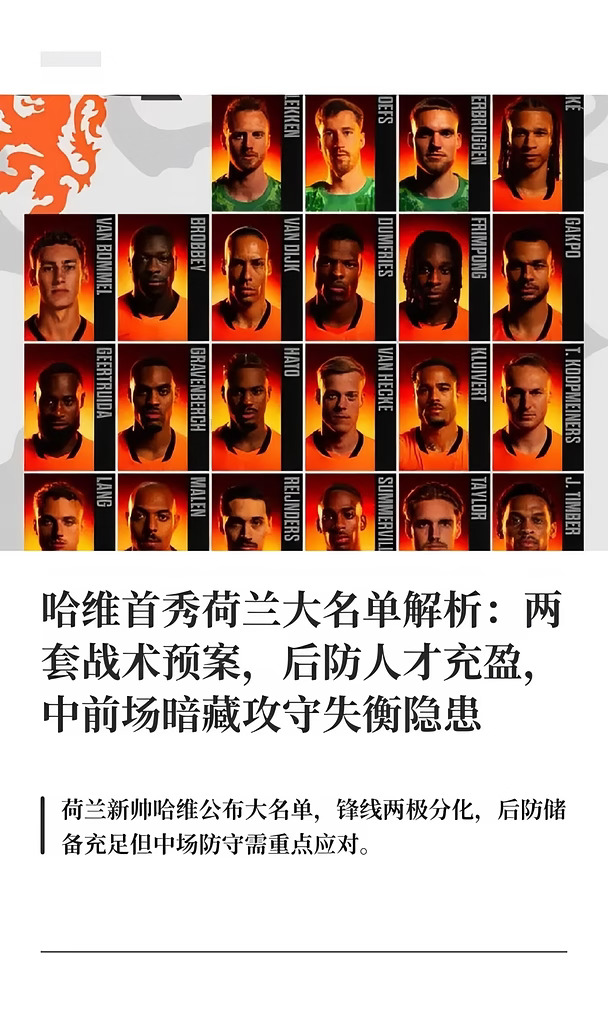 哈维首秀荷兰大名单解析：两套战术预案，后