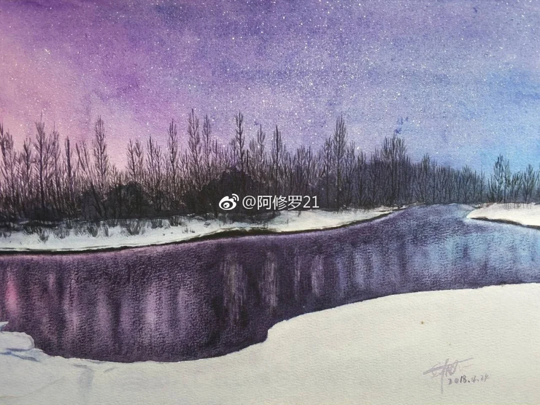 水彩。静谧的夜。