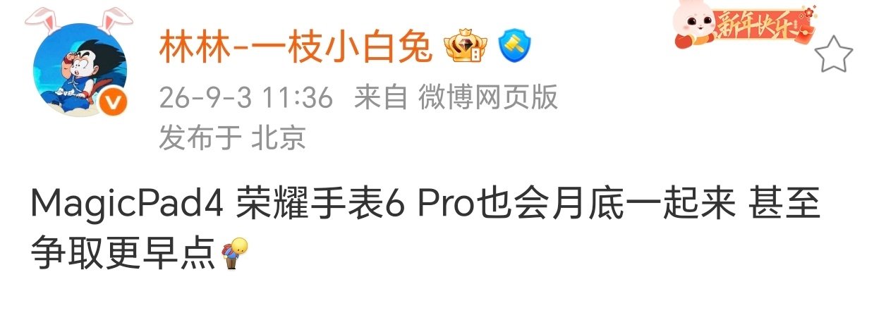 荣耀这个月的实用新品也不少呀。

新手机Magic9系列
新平板MagicPad4
还有新手表荣耀手表6Pro ​