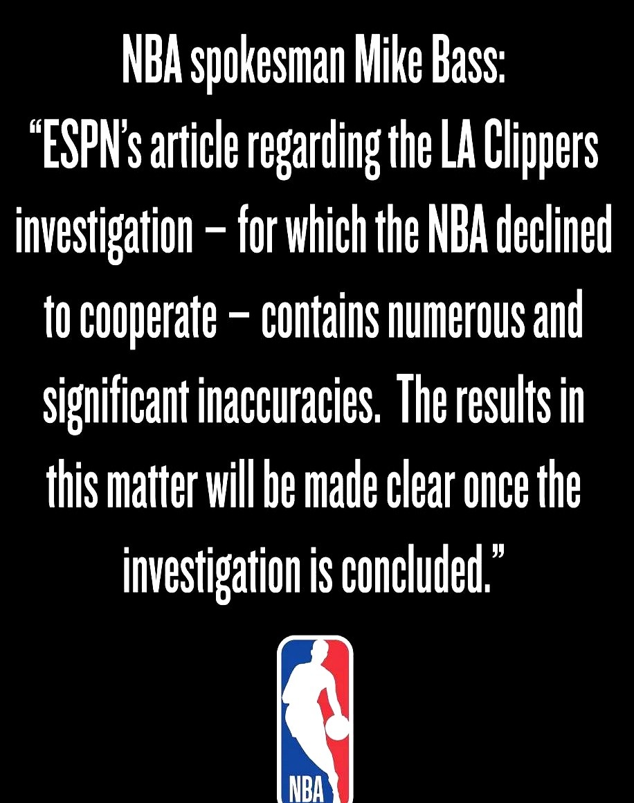 ESPN名记Shams刚爆了个大料，NBA官方直接一巴掌呼了上去。

事情是这样的。Shams发文说，联盟查了快船队，没发现他们通过第三方给伦纳德塞钱。

这话刚传开，NBA发言人迈克·巴斯就站出来了。

他原话一点没客气，直指这篇报道里有“多处且重大的不准确”。而且联盟压根没接受过他们的采访。