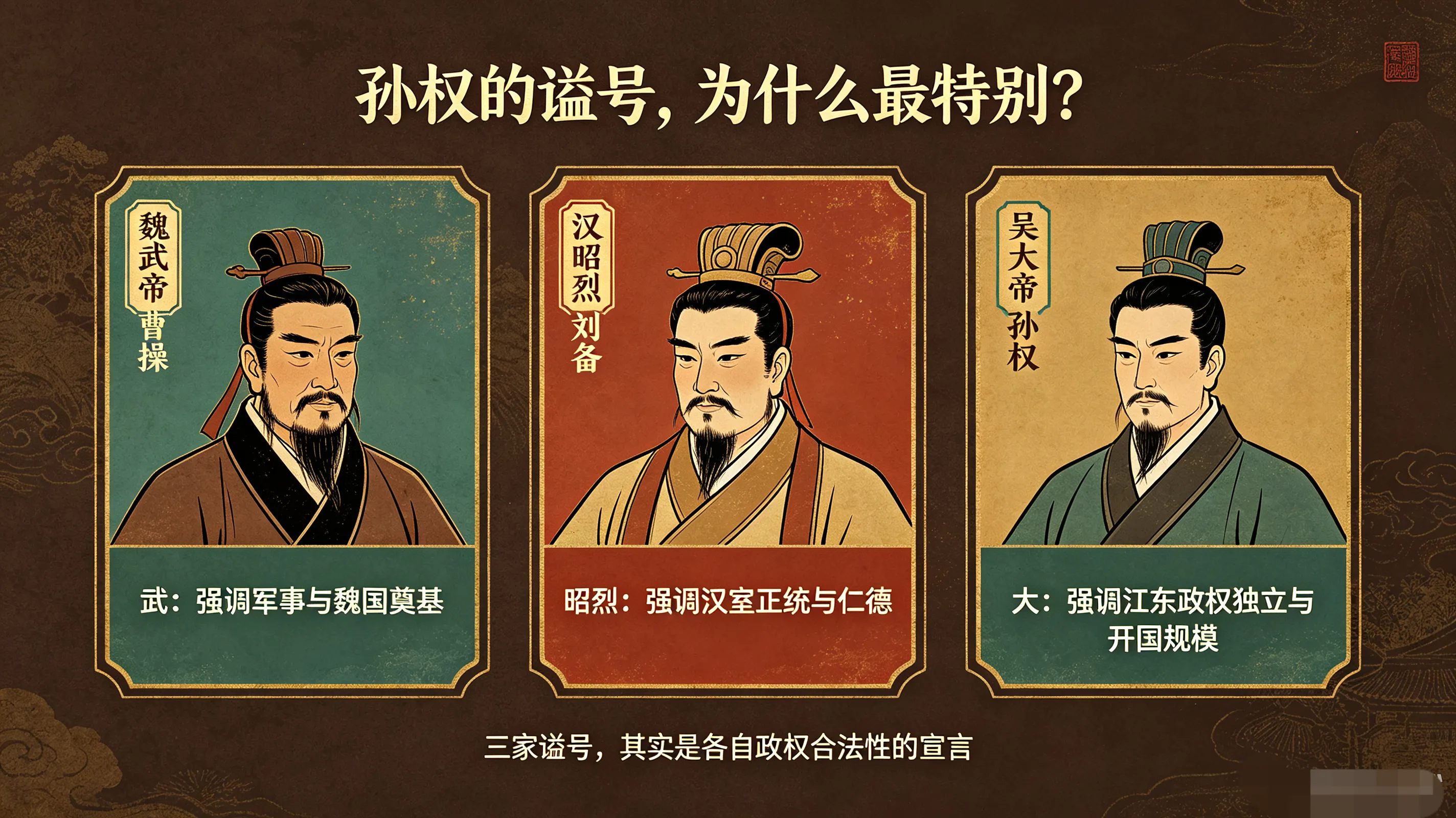 看到有人问，在中华历史文化常识中，曹操谥号是“魏武帝“，刘备是“汉昭烈帝”，为何孙权的谥号显得格外抽象是“吴大帝”？只能说曹操谥“武”，刘备谥“昭烈”，字字有典；孙权谥“大”，查无此字。不是东吴君臣不学无术，是标准答案对东吴来说全是陷阱——用“武”等于认魏为正统，用“文”可能向蜀靠拢，用“昭”“烈”