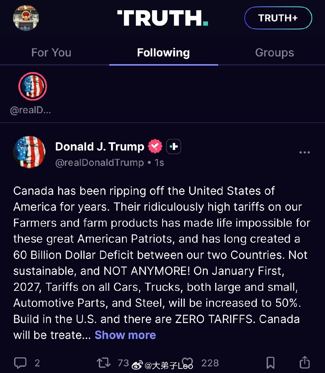 卡尼的强硬反击，特朗普越想越气，宣布从2027年1月1日起，所有从加拿大进口的汽车、卡车（无论大小）、汽车零部件以及钢铁产品的关税上调至50%。

#热点现场##海外新鲜事# ​