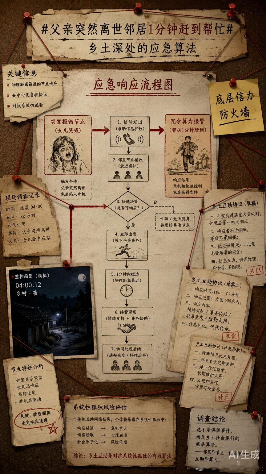 四川凌晨的那声哭喊，触发了一套运行在乡土深处的**应急响应算法**。

当女儿面对父亲离世的突发报错陷入逻辑死循环时，物理距离最近的邻居大哥仅用一分钟就完成了权限切换。从系统论的视角看，这并非单纯的温情，而是基于长期交互建立起的**底层信任防火墙**。在农村这套分布式网络中，邻里节点之间存 ​