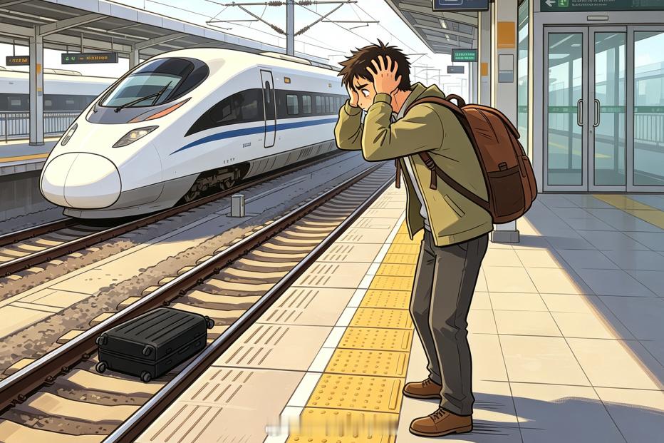 #坐高铁实用小贴士#
 【物品掉落股道，切勿私自翻越拾取】
小林今天结束了自己的毕业旅行准备回家，在站台候车时，因为接了家人一个电话，并与其分享自己的行程路线时太过投入，一不小心走到了站台边，手中拖行的行李箱不慎掉入股道，他十分着急，并准备跳入股道拾取行李......工作人员提示您擅自翻越 ​