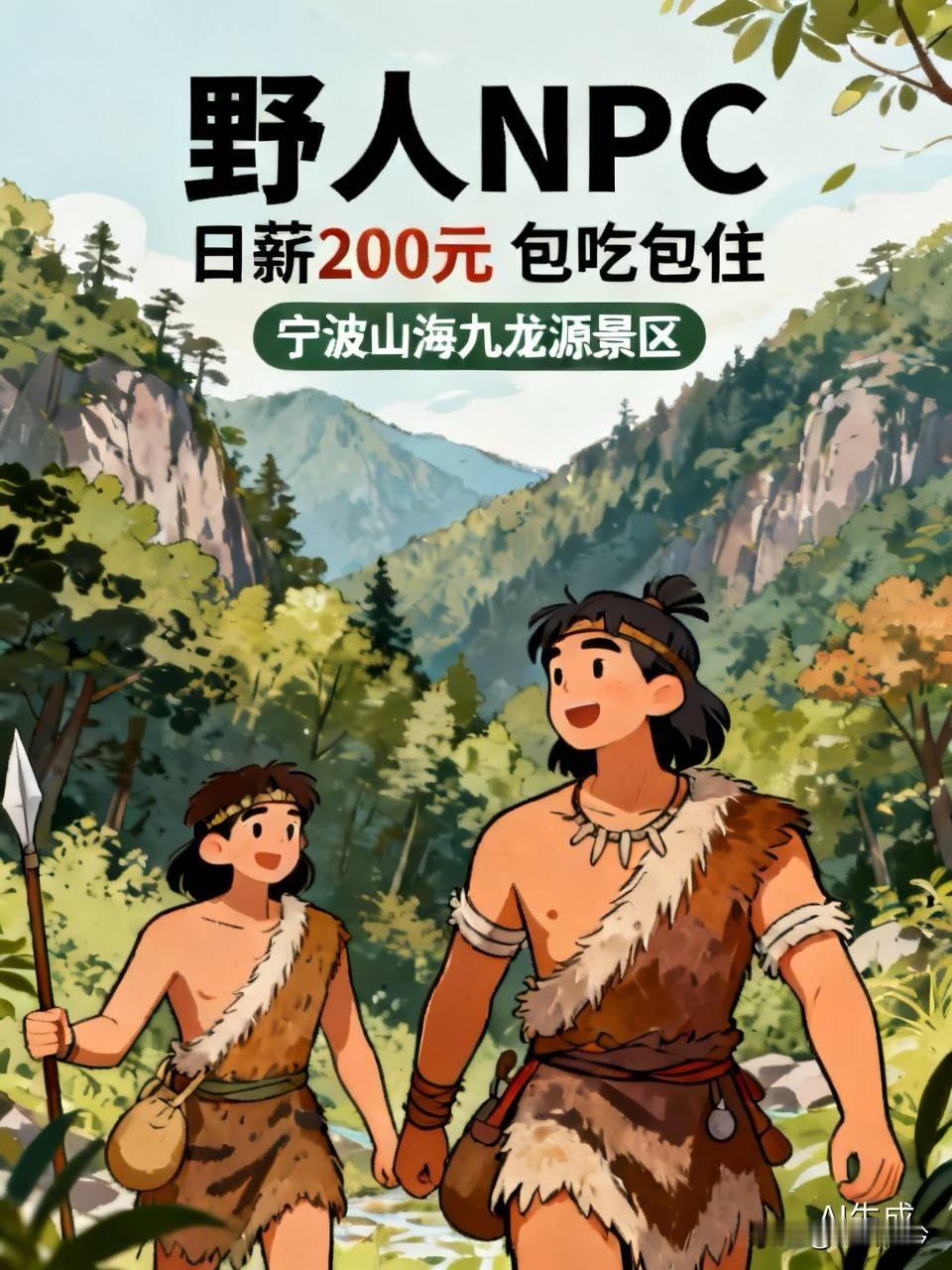一个景区招18个“野人”，结果600多人来抢岗位。日薪200元、包吃包住，工作内容也很特别：穿着部落服装在山里“发疯”，和游客聊天、跳舞、卖玉米。

这不是段子，而是宁波山海九龙源景区最近真的在招“野人NPC”。

9月25日的最新现场报道显示，第一期招聘有600多人报名，最后只留下18个人。还有人