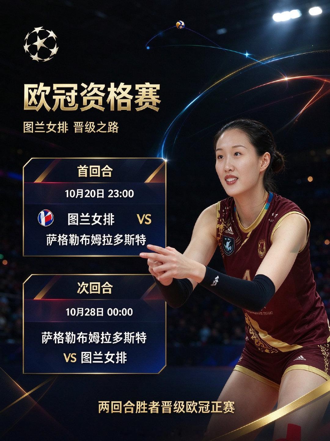 #中国女排# 
杨涵玉所在图兰女排作为上赛季阿塞拜疆联赛冠军，从欧冠资格赛第二轮起步，对手是克罗地亚的萨格勒布姆拉多斯特女排：
首回合：10月20日23:00，图兰女排 VS 萨格勒布姆拉多斯特
次回合：10月28日00:00，萨格勒布姆拉多斯特 VS 图兰女排
两回合胜者将晋级欧冠正赛。 ​