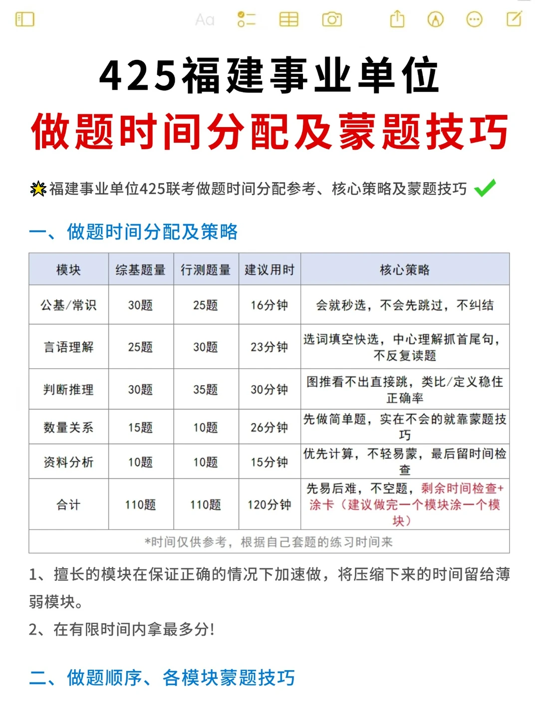 425福建事业单位：做题时间分配及蒙题技巧