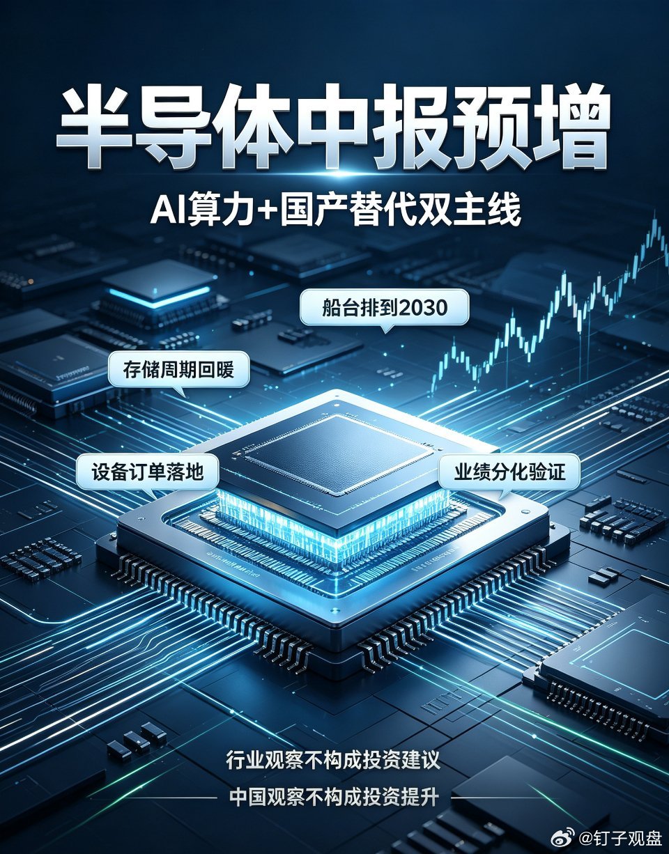 🔥半导体中报预告陆续出炉，多家企业交出高增长答卷。
 
梳理预增榜单，增长主线十分清晰：AI算力拉动存储周期复苏 + 国产替代双轮驱动。
 
- 存储芯片、存储模组：行业周期回暖，量价齐升，利润持续释放；
​
- 半导体设备、零部件、先进封装：受益国内晶圆厂扩产，订单逐步落地。
 
但业绩预增≠股 ​