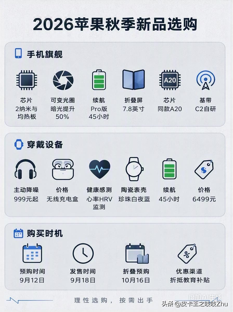 2026苹果秋季新品共六款，一文讲清选购重点。
 
iPhone 18 Pro系列是主力换机首选，Pro起售价9999元，Pro Max起售价10999元。核心升级：A20 Pro芯片采用2nm工艺，均热板面积三倍于上代，持续性能提升40%。影像首次加入可变光圈主摄，暗光进光量提升约50%。Pro视