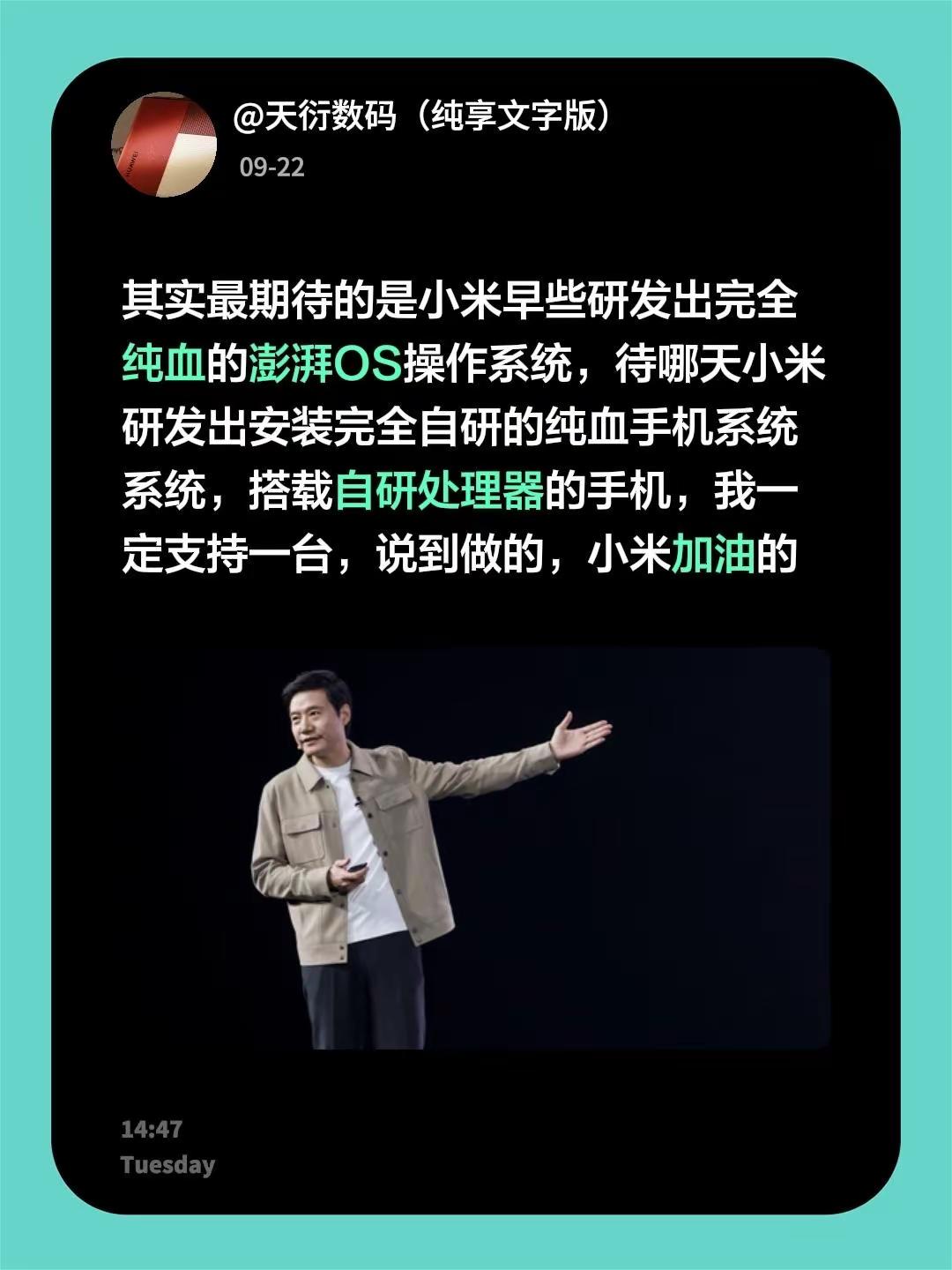 其实最期待的是小米早些研发出完全纯血的澎湃OS操作系统，待哪天小米研发出安装完全自研的纯血手机系统系统，搭载自研处理器的手机，我一定支持一台，说到做的，小米加油的