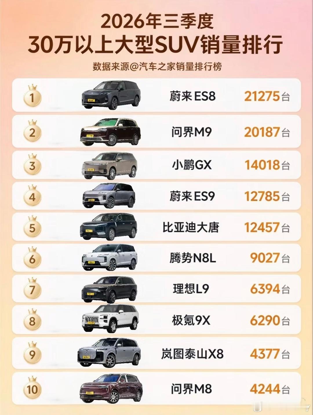 2026年三季度30万以上大型SUV车型销量排名，蔚来ES8以21275辆拿下第一名，问界M9以20187辆拿下第二名。
1. 蔚来ES8：21275台
​
2. 问界M9：20187台
​
3. 小鹏GX：14018台
​
4. 蔚来ES9：12785台
​
5. 比亚迪大唐：12457台
​
6. 腾势N8L：9027台
​
7. 理想L9：6394台
​
8. 极氪9X：6290台
​
9.  ​