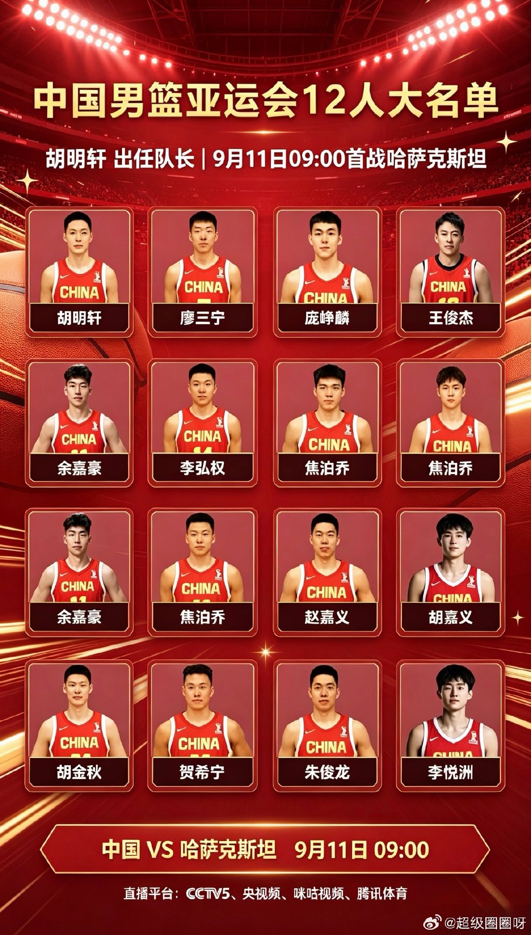 #胡明轩时隔两年再任男篮队长#
男篮亚运首秀正式开启，对手哈萨克斯坦。时隔两年胡明轩再次出任队长，率领平均年龄不到25岁的阵容，在亚运赛场完成磨合与成长。#亚运会中国队首秀##体育[超话]# ​