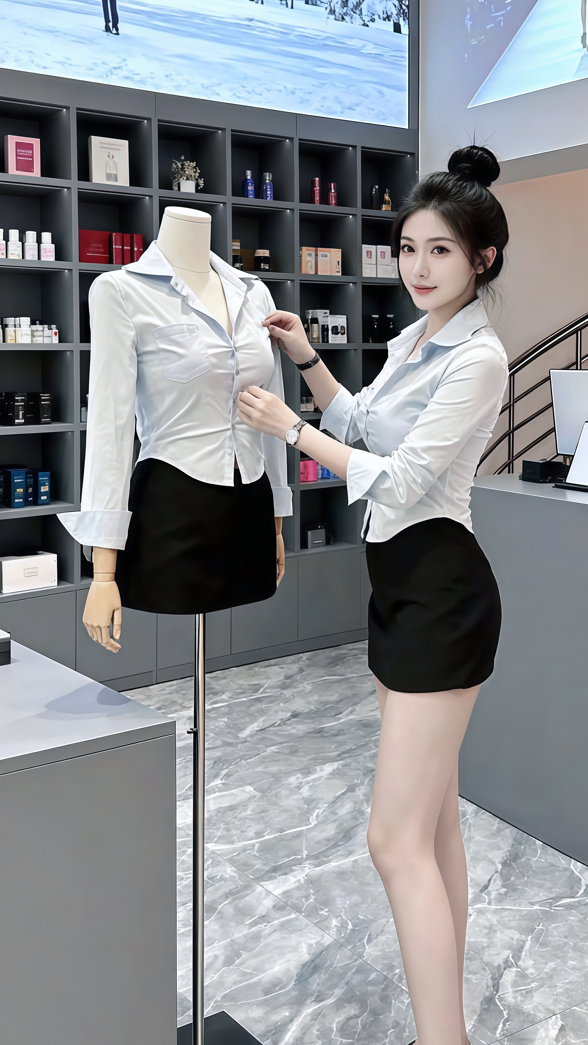 在时尚与专业的交界，许妍以干练白衬衫搭配优雅黑裙，于充满格调的美妆空间...