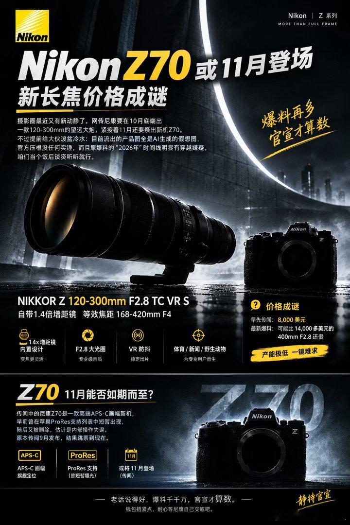 尼康Z70或11月登场，新长焦价格成谜

摄影圈最近又有新动静了。网传尼康要在10月底端出一款120-300mm的望远大炮，紧接着11月还要祭出新机Z70。不过提前给大伙泼盆冷水：目前流出的产品图全是AI生成的假想图，官方压根没任何实锤，而且原爆料的“2026年”时间线明显有穿越嫌疑。咱们当个饭后谈资听听就 ​