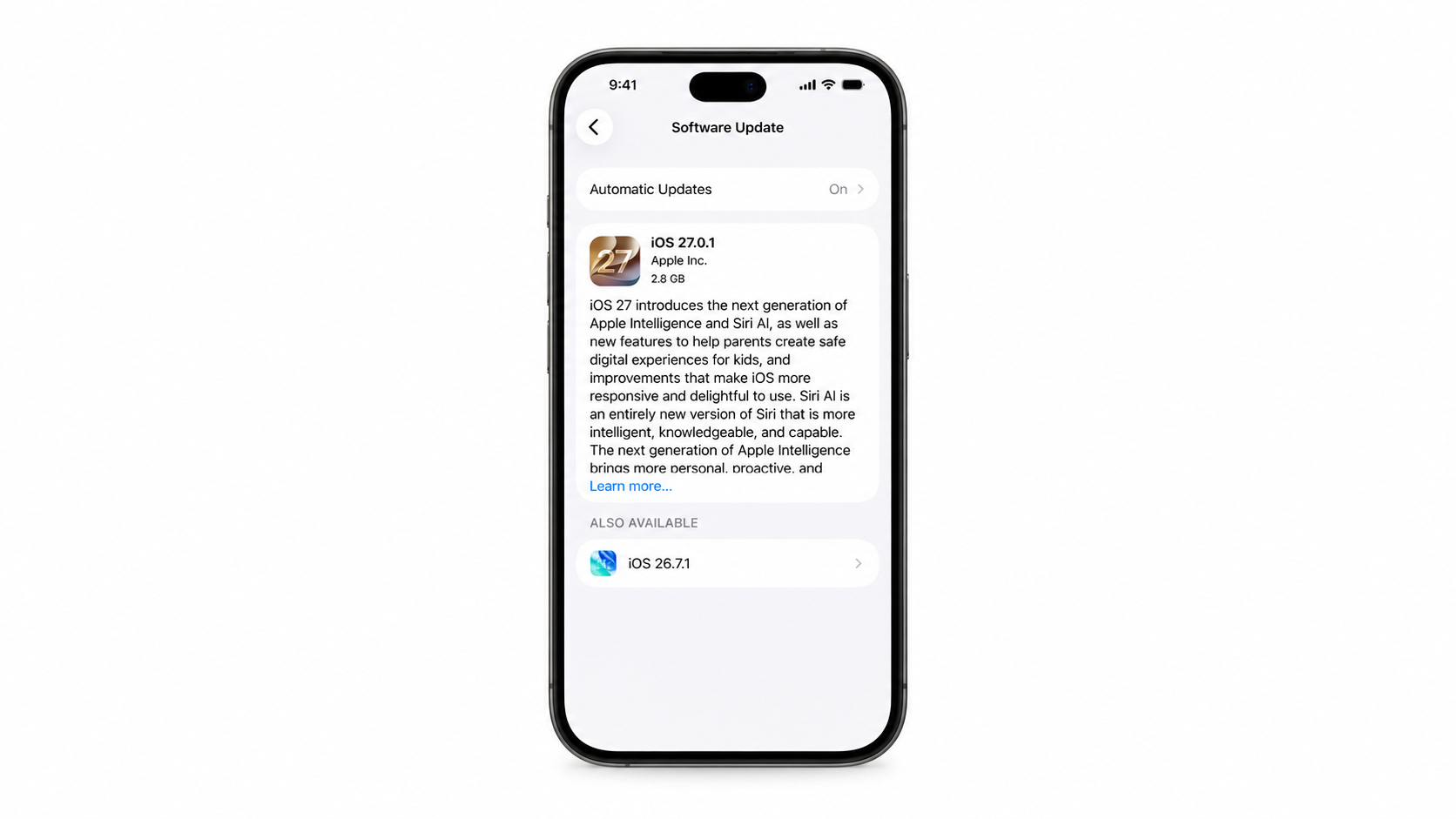 【Apple 正推动仍在运行 iOS 26 的 iPhone 用户升级到 iOS 27】

从今日起，仍在运行 iOS 26 的 iPhone 用户将在“设置”的“通用”→“软件更新”中显示 iOS 27.0.1 作为主要的软件更新，而 iOS 26.7.1 现在被降级到底部的“其他可用”部分。

iOS 27 于 9 月 14 日发布，但之前该更新及后续的 iOS 27 ​