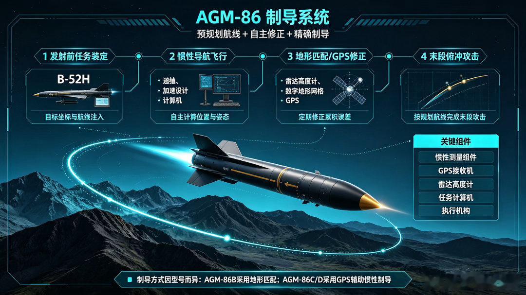 AGM-86是美军主力远程空射巡航导弹，作为B-52轰炸机的核心配属弹药，是美军防区外精确打击与空基核威慑的核心装备，服役四十余年仍是远程战略打击的中坚力量。该弹搭载F107涡扇发动机，以亚音速低空巡航，依托地形匹配+惯性制导，可规避常规雷达探测，最大射程超2500公里，适配多类型战斗部。

该导弹 ​