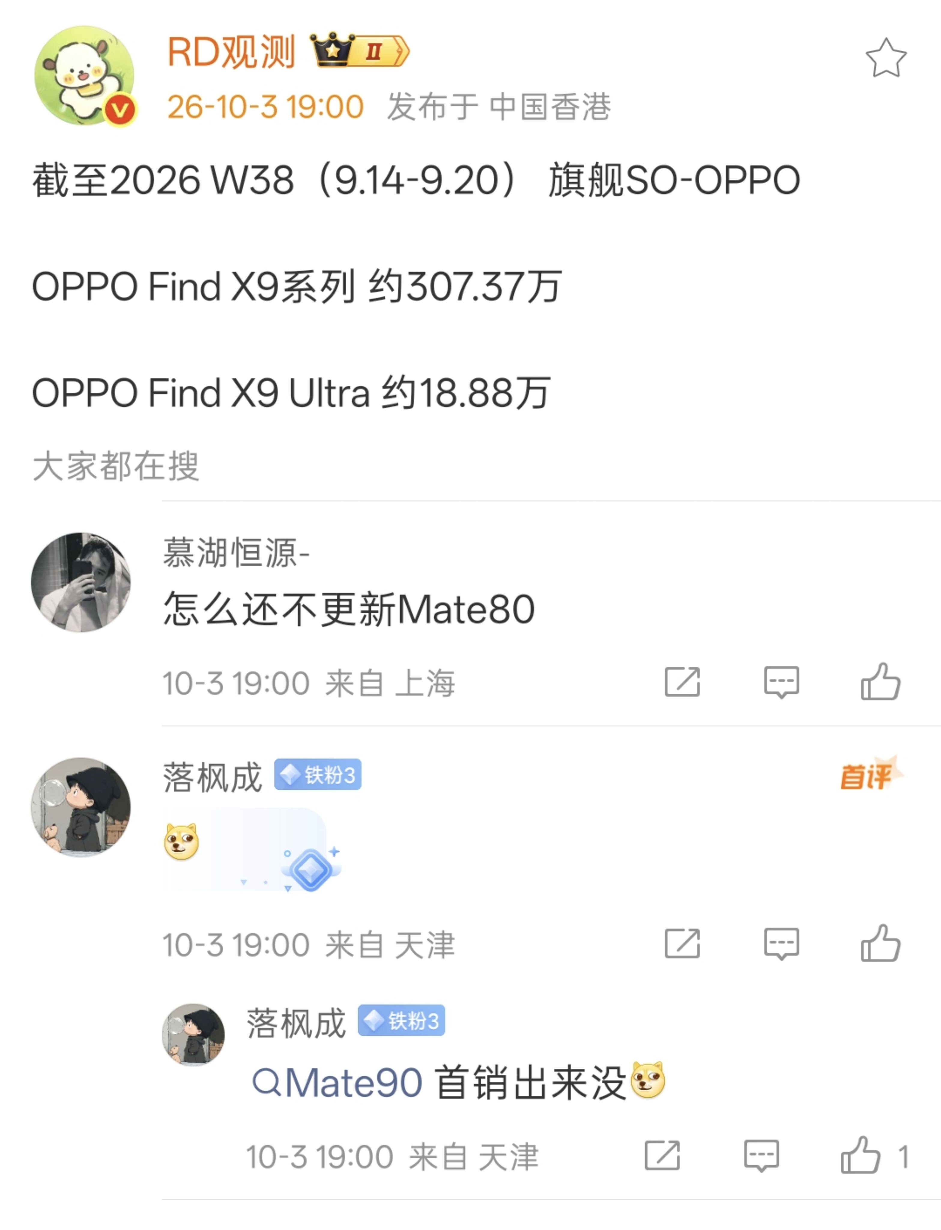 这位【RD观测】不对劲啊，还没有发 华为Mate90系列的首销数据。
仍然在发一些无关紧要的数据水……
前面其他品牌这个时间，首销数据都出来了，华为这个咋回事呢？
难道是数据不太好看不敢发？