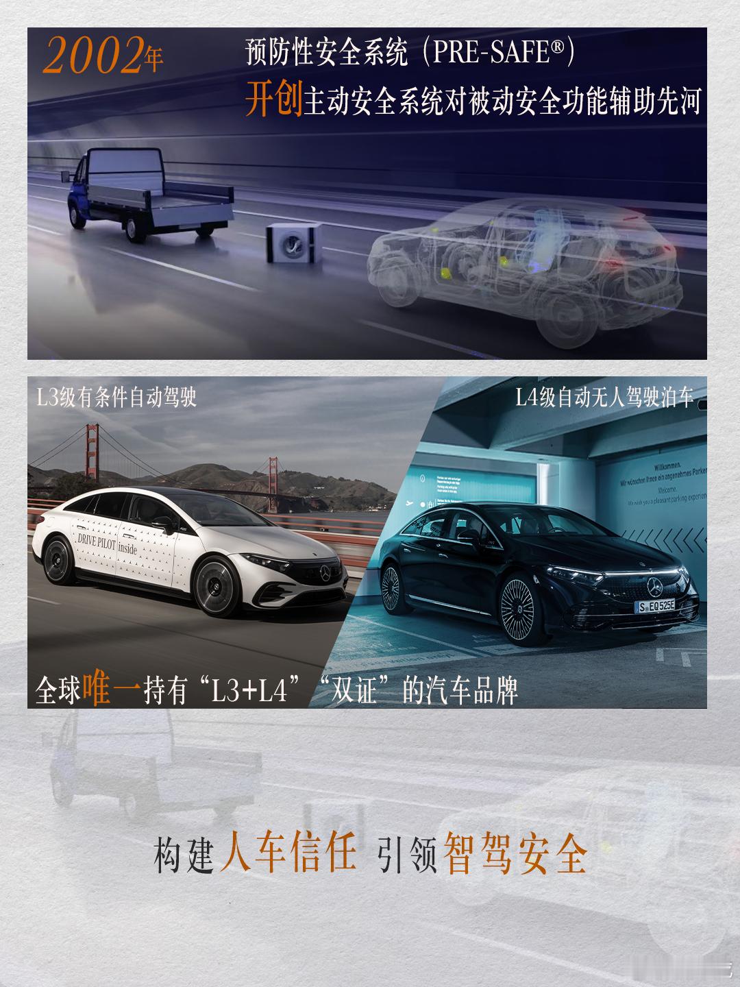 这必须要了解一下
关于奔驰

70年来，开辟被动安全，领跑主动安全，引领智驾安全，奔驰奠定基础、树立标准

今天路上每一辆汽车的安全，都有奔驰的发明守护

“2050年零致命性交通事故”愿景是奔驰对于安全的新承诺，在安全这条赛道上，奔驰一路领跑

开辟“被动安全”赛道
从首次开展碰撞测试，到率先 ​
