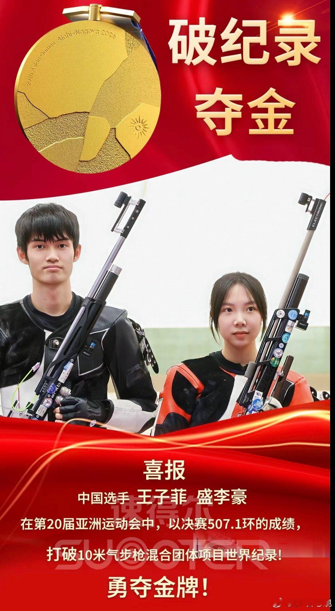 #盛李豪王子菲再破世界纪录#名古屋亚运会射击赛场再传捷报！盛李豪搭档王子菲出战10米气步枪混合团体，资格赛就以638.9环刷新世界纪录，决赛顶住压力，打出507.1环再度改写纪录，强势拿下金牌。

两人心态沉稳，每一枪精准稳定，双线突破，堪称纪录粉碎机。盛李豪拿下本届第三金，成为代表团三金王，王 ​