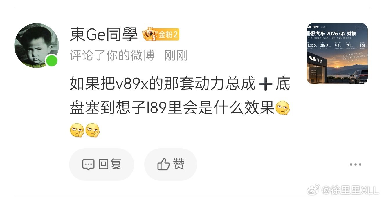 这位朋友问了个非常有意思的问题。

把魏牌V8X和V9X的动力总成塞到理想L8和L9里面，会怎样？

我也想问问喜欢理想的朋友。
你们怎么看待魏牌的那套超级Hi4混动？

同时也想问问喜欢魏牌的朋友。
理想有没有值得学习的地方？

大家友善交流一下。[爱你][爱你][爱你] ​