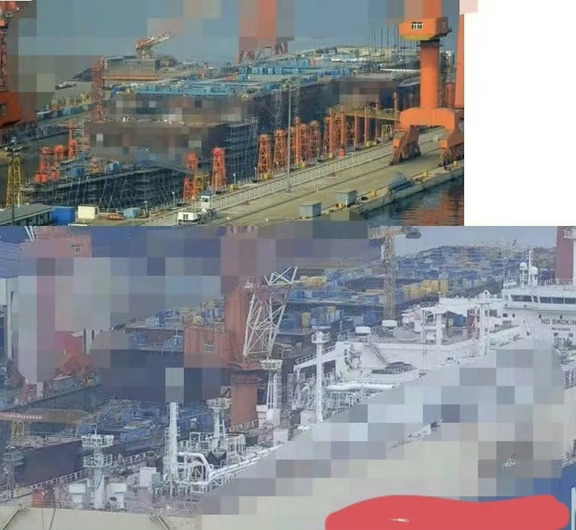 004和山东舰同角度同进度对比图，004的甲板高度型深和水线宽明显增加，水线长也长出来50米！