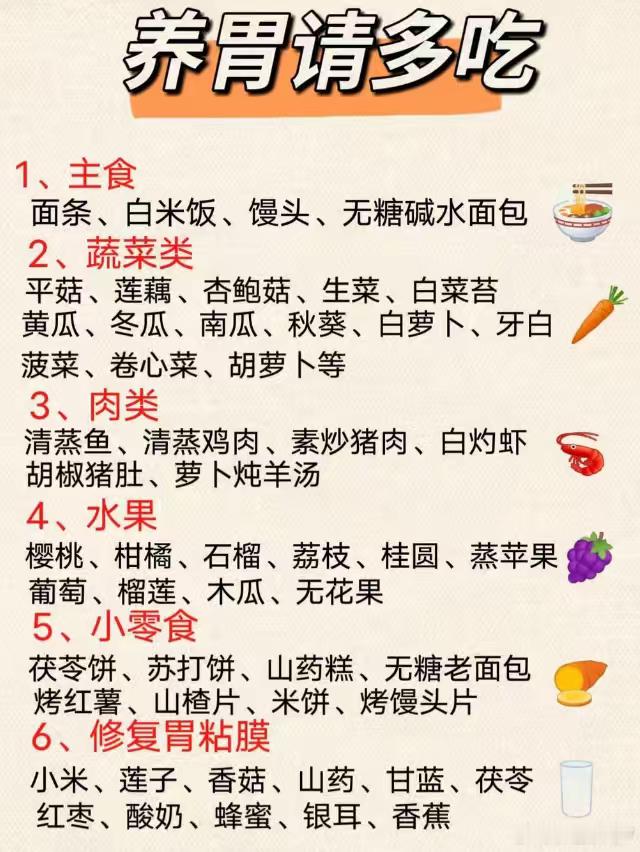 养胃请多吃
1、主食
面条、白米饭、馒头、无糖碱水面包
2、蔬菜类
平菇、莲藕、杏鲍菇、生菜、白菜苔黄瓜、冬瓜、南瓜、秋葵、白萝卜、牙白
菠菜、卷心菜、胡萝卜等
3、肉类
清蒸鱼、清蒸鸡肉、素炒猪肉、白灼虾胡椒猪肚、萝卜炖羊汤
4、水果
樱桃、柑橘、石榴、荔枝、桂圆、蒸苹果
葡萄、榴莲、木瓜、 ​