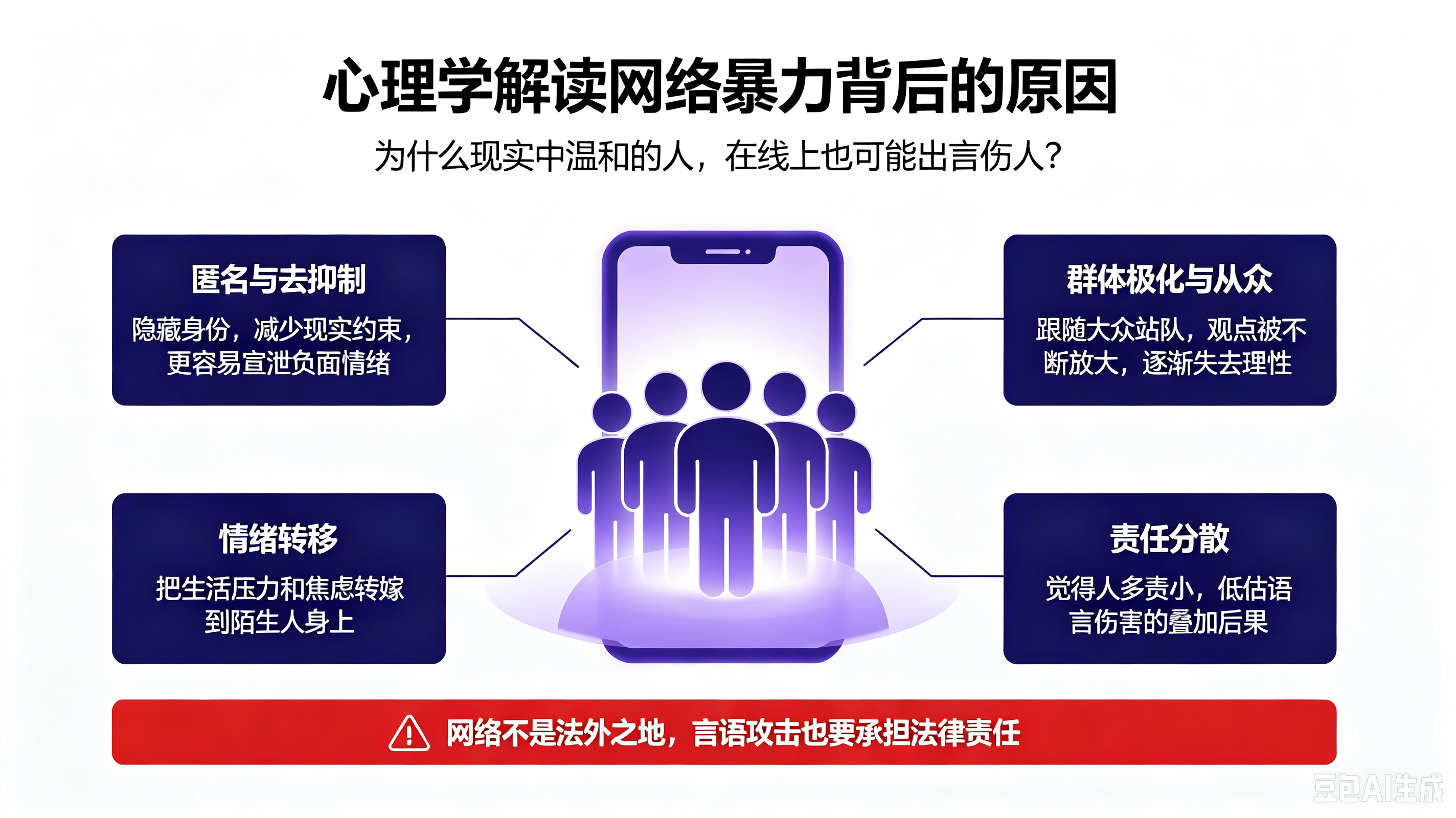 现实里待人平和的普通人，为何在网络上容易参与网暴？从心理学角度，有这几方面原因。
 
一、匿名带来去抑制效应
网络身份隐匿，脱离现实社交约束。现实中说话需要顾及他人、承担后果，线上很容易放下心理防备，肆无忌惮宣泄负面情绪。
 
二、群体极化与从众心理