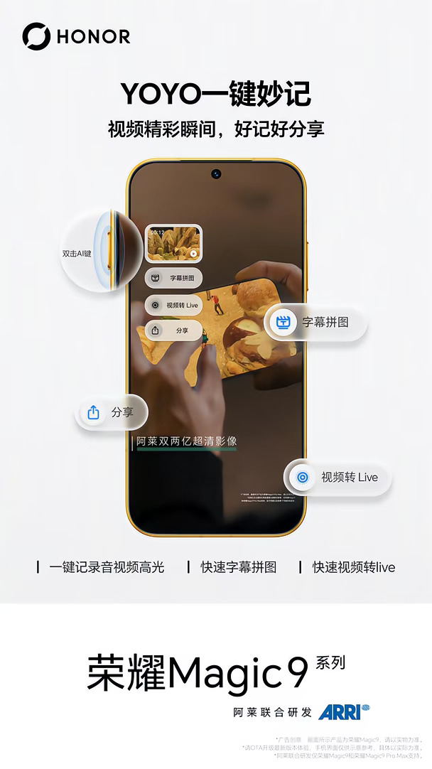 #MagicOS11 旗舰不止于影像,更要让精彩即刻分享!
#荣耀Magic9 系列搭载YOYO一键妙记,
音视频高光一键记录,字幕拼图/视频转Live轻松搞定!
记录更高效,分享更简单,美好即刻传递!
超清双两亿,掌中电影机,9月28日14:30,敬请期待!