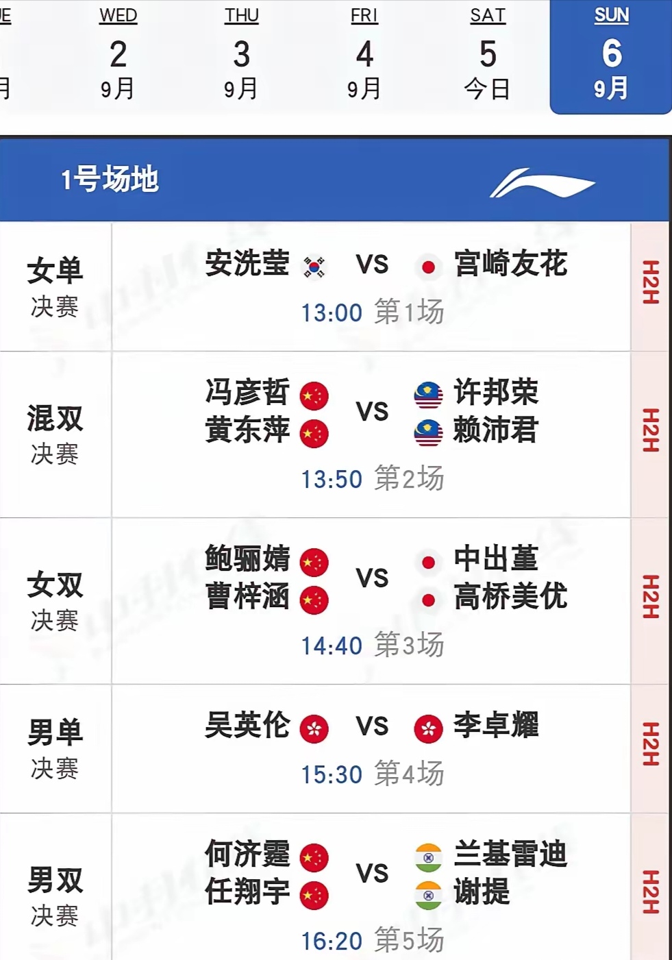 中国羽毛球大师赛国羽今日赛程：
今天是中国羽毛球大师赛的决赛日，国羽冲击3冠。混双，冯彦哲/黄东萍对阵马来西亚组合；女双，鲍骊婧/曹梓涵对阵日本组合；男双，何济霆/任翔宇对阵印度组合。
不久前的印度新德里羽毛球世锦赛国羽也是混双、女双、男双这三个单项进入决赛，最后夺得男双冠军、混双亚军、女双亚军。这