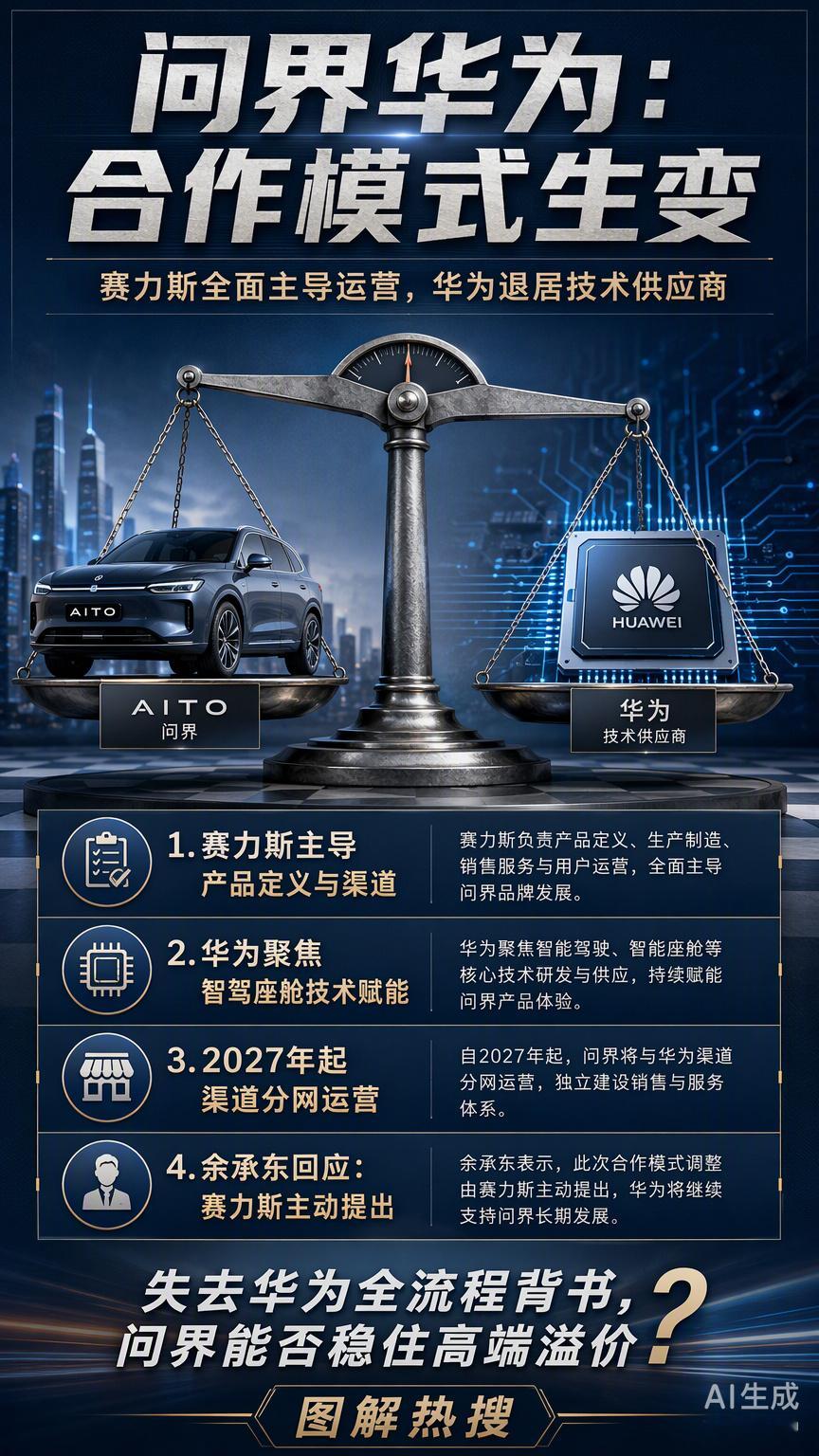 问界和华为这次“分家”式调整，赛力斯全面主导运营与渠道，华为退居技术供应商，余承东也回应是赛力斯主动提出。

过去问界的成功高度依赖华为的品牌背书与全流程操盘，如今光环褪去，品牌溢价还能不能稳住？这是外界最担心的点。毕竟现在享界、尊界都在发力，内部资源倾斜后，问界不仅要面对外部竞品 ​