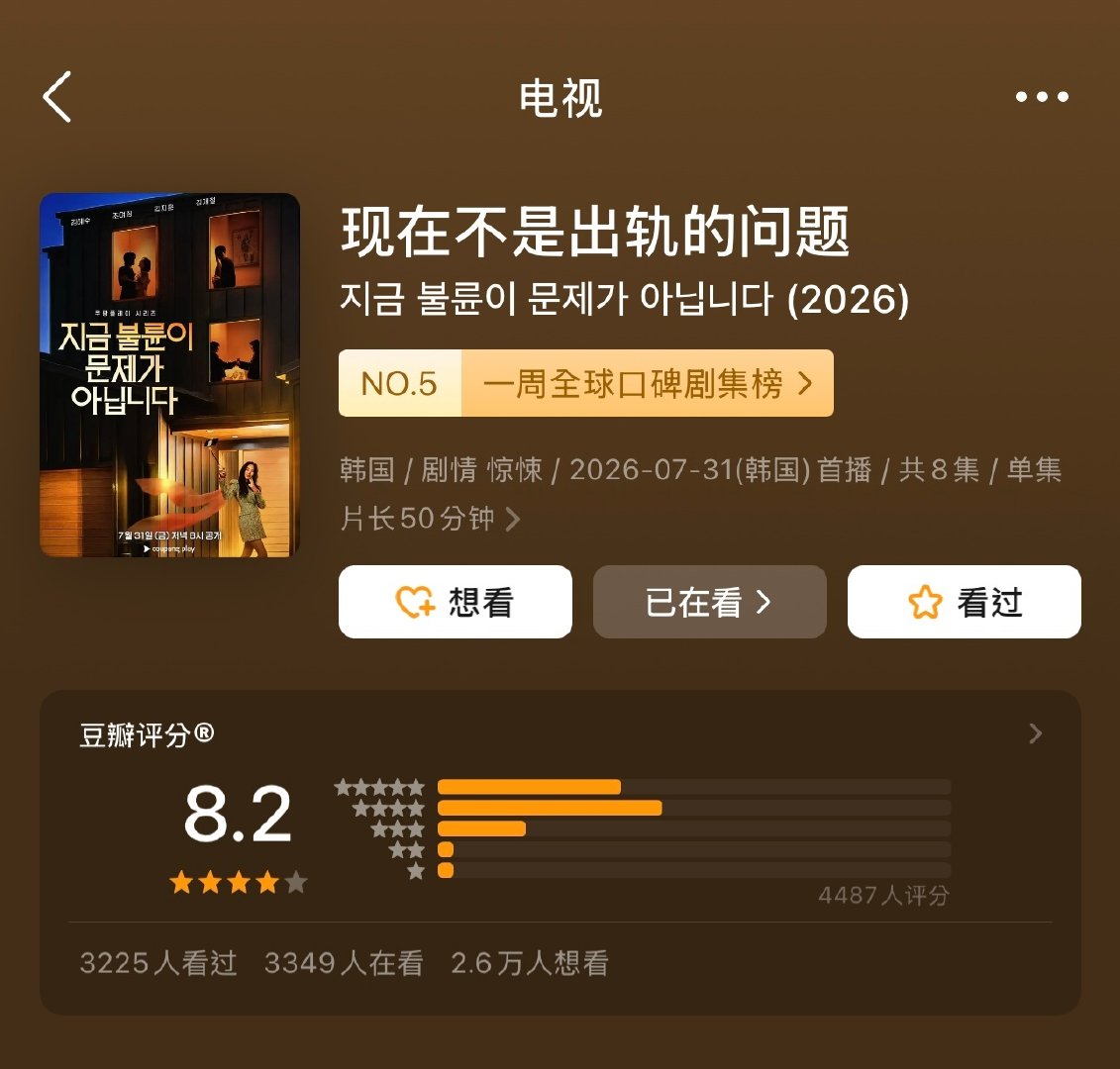 韩剧《现在不是出轨的问题》豆瓣开分8.2～ ​