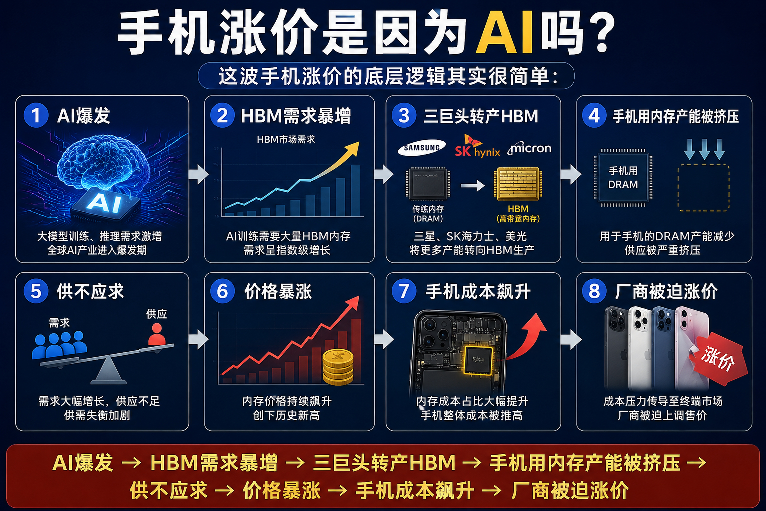 #手机涨价是因为AI吗#这波手机涨价的底层逻辑其实很简单：AI爆发 → HBM需求暴增 → 三巨头转产HBM → 手机用内存产能被挤压 → 供不应求 → 价格暴涨 → 手机成本飙升 → 厂商被迫涨价。

这条传导链上，每一个环节都是真实的、可量化的。手机厂商不是不想维持原价，是真的扛不住了。作为消费者，我们 ​