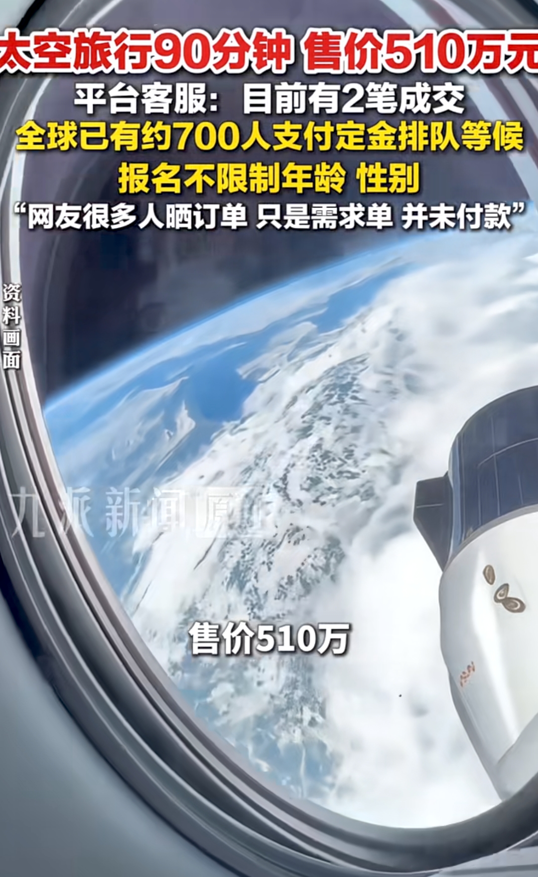 9月16日报道，太空旅行90分钟售价510万，平台客服：目前有2笔成交，全球已有约700人支付定金排队等候。太空旅行报名不限年龄性别。

这事乍一看挺唬人，510万买90分钟上天，还&34;不限年龄性别&34;，感觉好像普通人努努力也能够得着。但仔细扒一扒，这买卖里藏着不少门道。

先说这510万到底买的是什么