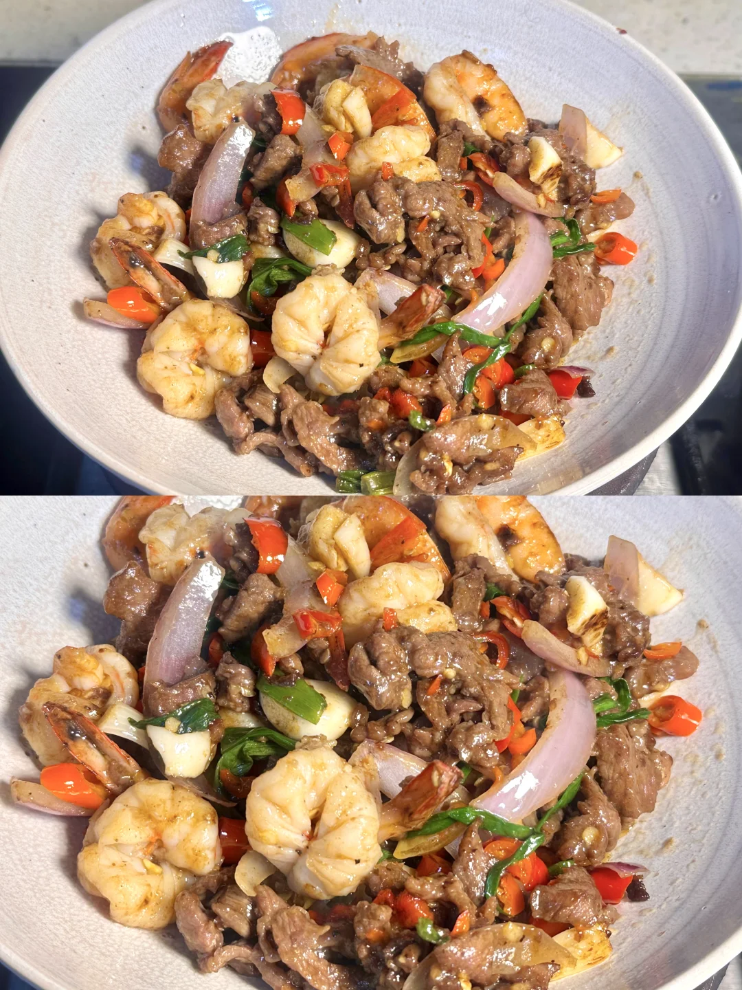 今日下饭菜虾仁炒牛肉 香辣入味锅气满满！！