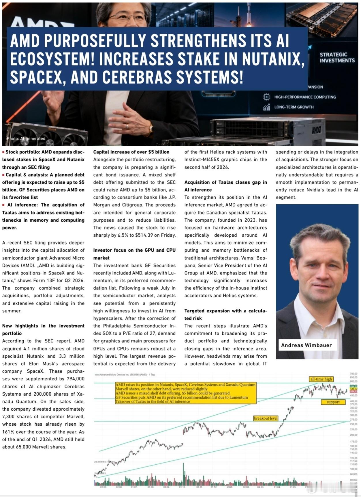【 #SpaceX# #英伟达#    AMD 加码 AI 生态：增持 SpaceX/Cerebras，收购推理芯片公司 Taalas📰】根据 SEC 披露文件，英伟达最大的竞争对手 AMD 正在大举布局对外投资，增持 马斯克的SpaceX、Nutanix、Cerebras Systems、Xanadu Quantum，同时减持部分竞争对手 Marvell 持仓。

公司计划发行混合债券 ​