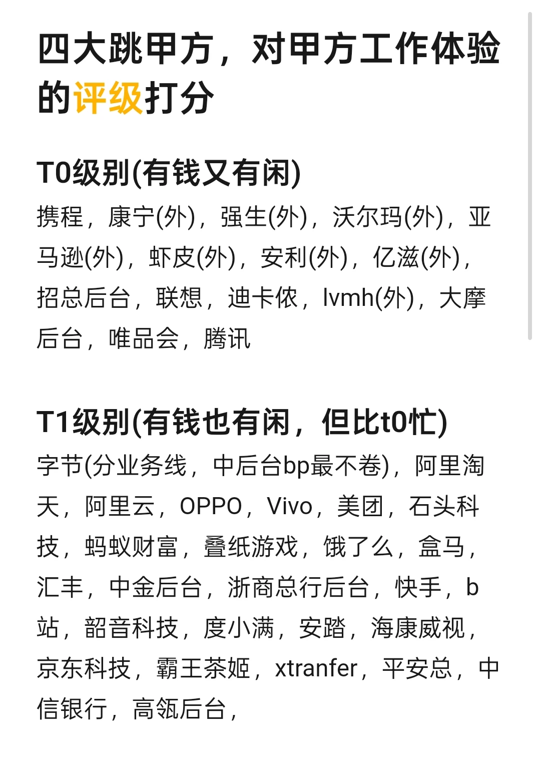 四大跳甲方，对甲方工作体验的评级打分