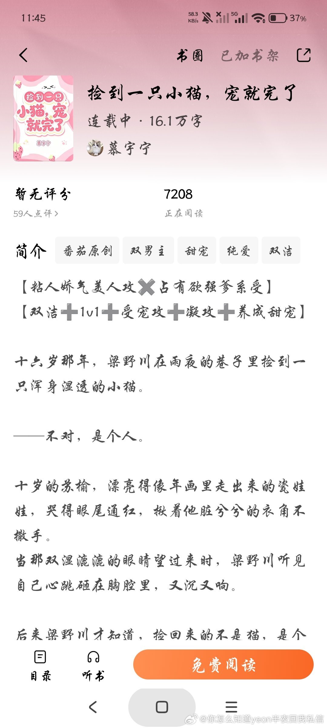 追完了🍅一本小说，我觉得还可以，文荒的宝子可尝[兔子]
«捡到一只小猫，宠就完了»
软糯乖巧小可怜攻×穷小子但坚强养妻哥受
受宠攻，偏攻凝攻，雷点的话……小情侣太穷太苦了算吗[泪奔]
目前更的76章，有三分之二小情侣都过得很穷很苦，受哥16岁的时候捡到10岁被家暴的小可怜攻儿，一直养到现在，两 ​