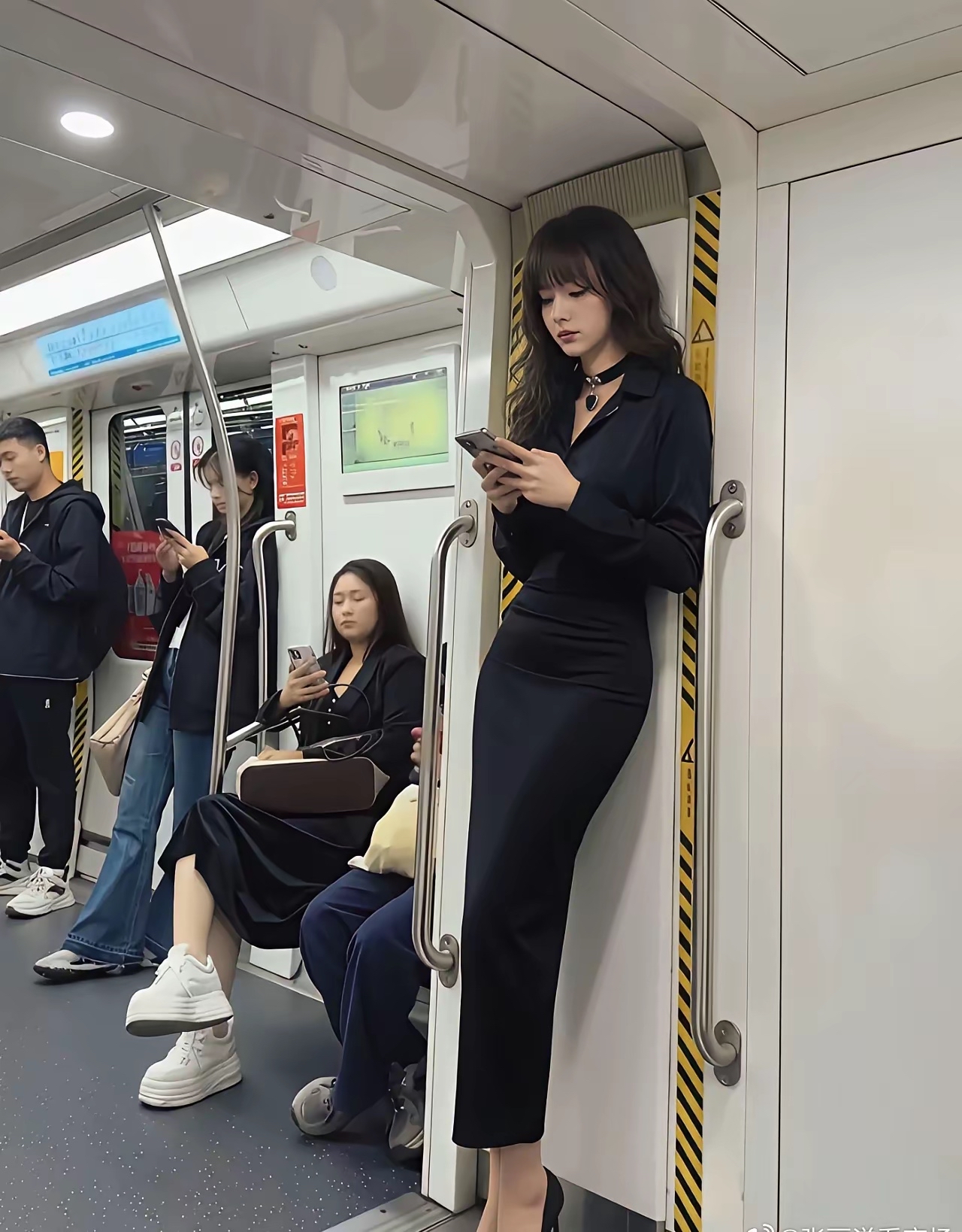 地铁偶遇一位长腿小姐姐，这身高比我高出一个头